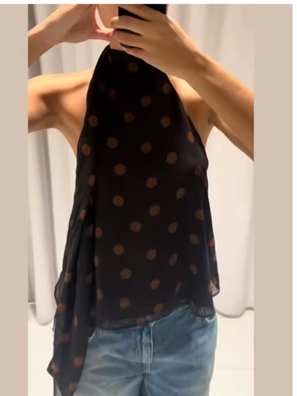 Zara Black and Chocolate Brown Polka Dot Halter Top Blouse Size M